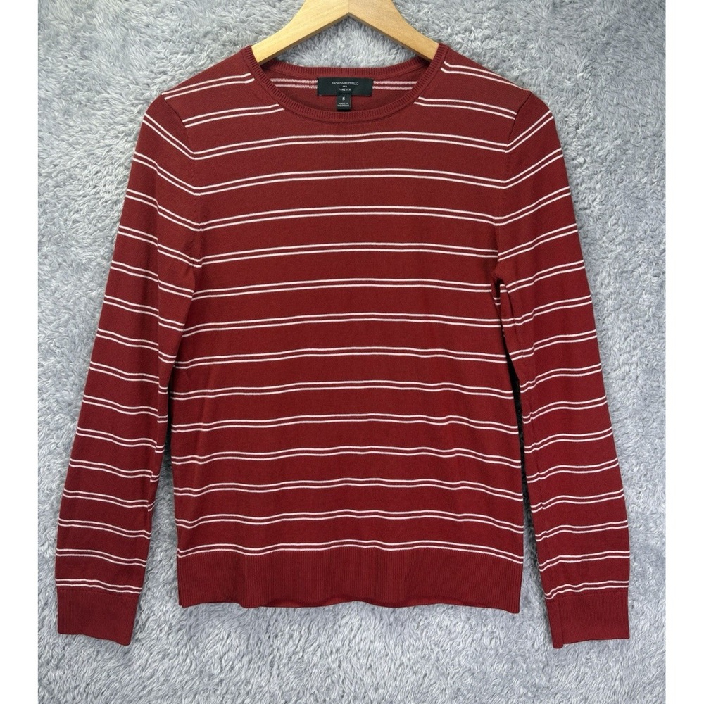 Banana Republic Womens S Forever Sweater Red Stripe Crew Neck Lightweight Preppy